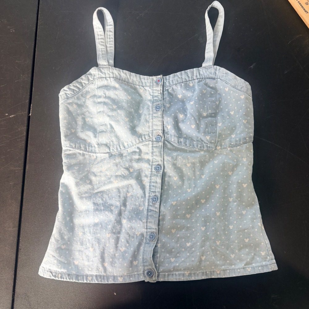 Disney Mickey Mouse Polka Dot Chambray Camisole Top Womens XS Smocked Back Indie